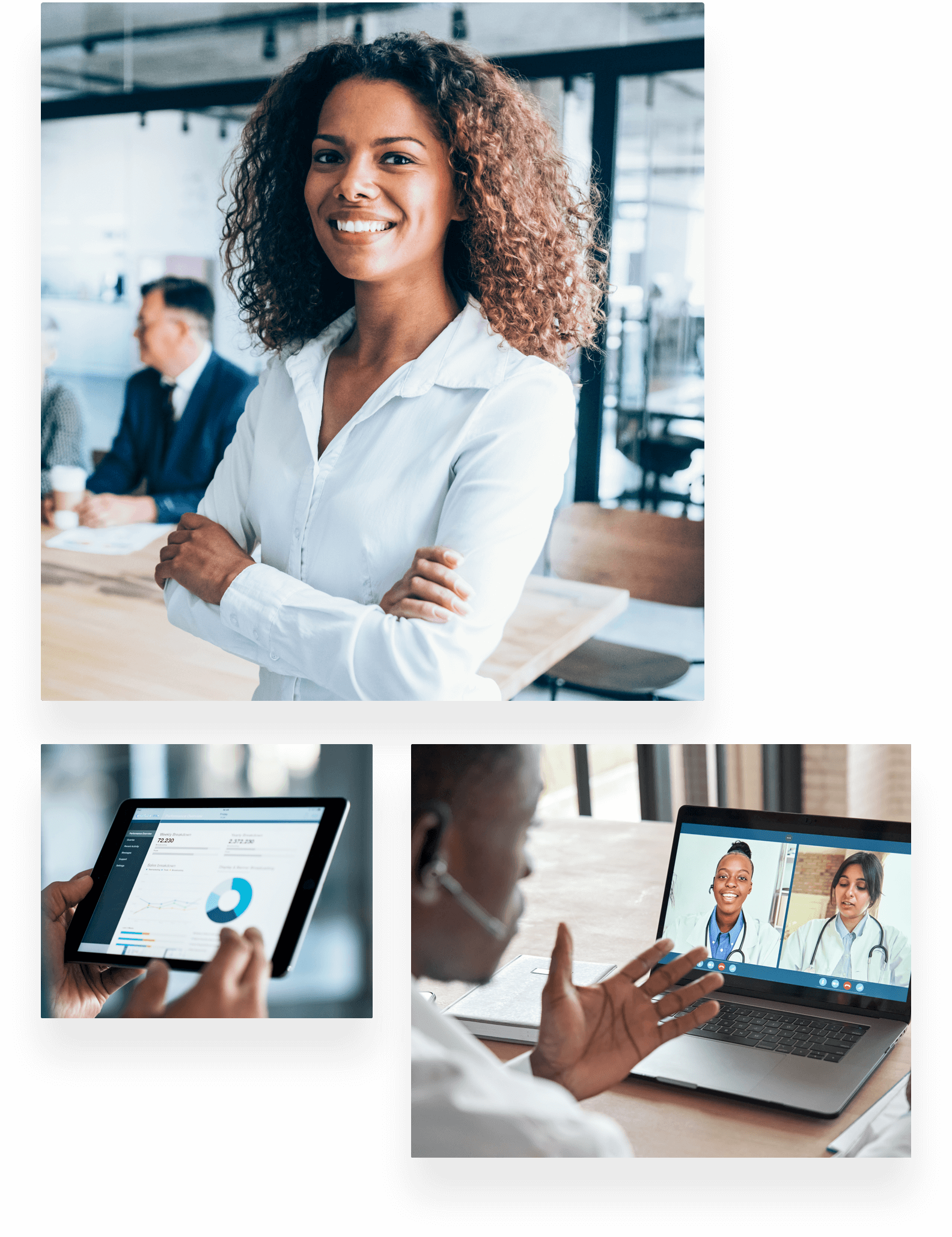 Collage of photos including a business woman smiling and doctors on a video call