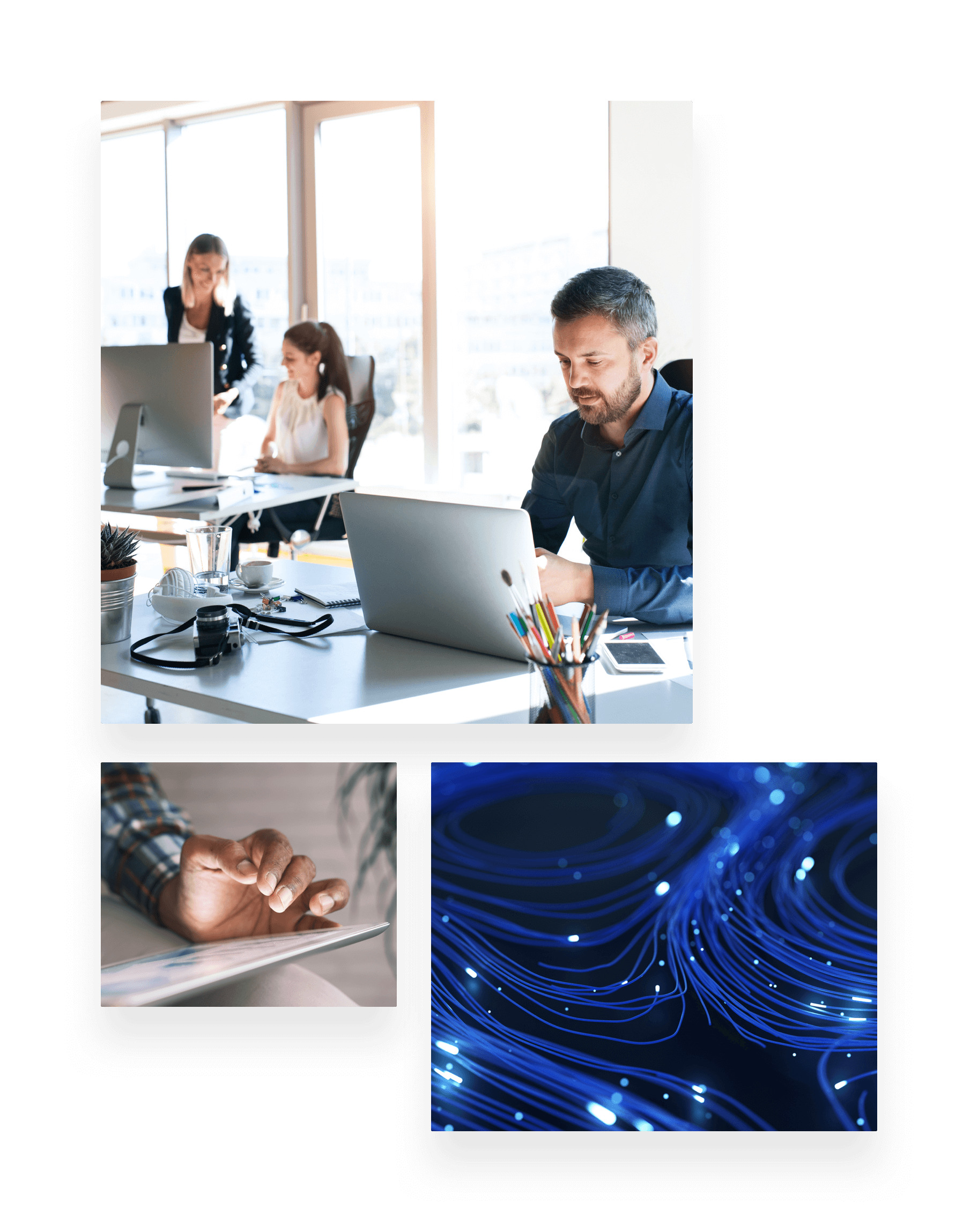 Collage of photos including people working in an office with computers and fiber optics