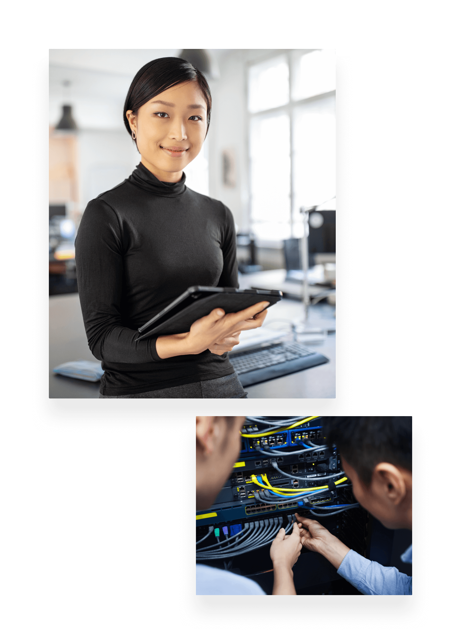 Collage photos of a network engineers and a business woman holding a tablet