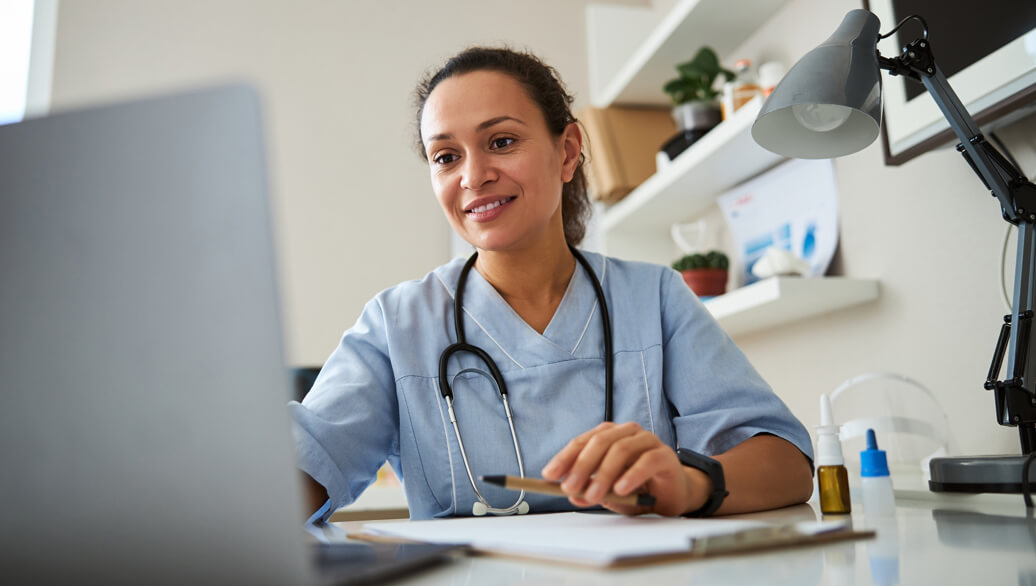 Hospital staff using computer